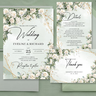 English white roses eucalyptus greenery and gold invitation