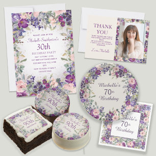 Purple Blush Pink Floral Leaves 70th Birthday  Paper Plate