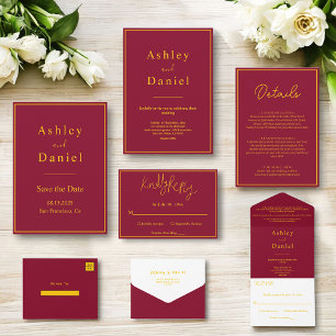 Minimal Chic Burgundy And Gold Formal Wedding All In One Invitation