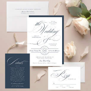 Classy Elegant Calligraphy Navy Blue Wedding Invitation