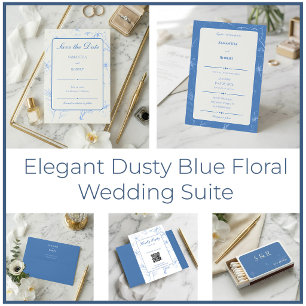 Dusty Blue Floral Minimalist QR Code Wedding RSVP Card