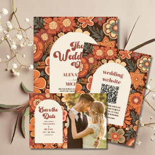 Arch Groovy Retro 70s Floral Wedding All In One Invitation