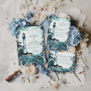 Coastal Lighthouse Wave Wedding Invitation