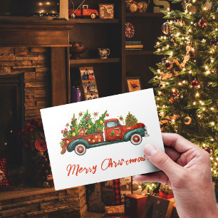 Merry Christmas Red Truck Tree Happy New Year Holiday Postcard