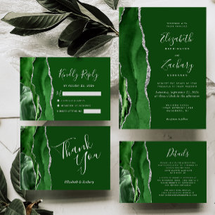 Agate Hunter Green Silver Wedding RSVP Card