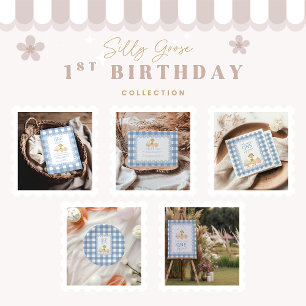  Blue Gingham Silly Goose 1st Birthday Invitation