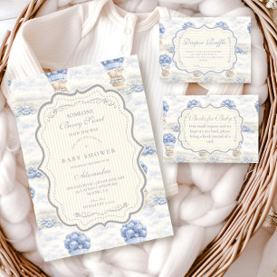 Blueberry Hot Air Balloon Toile Baby Shower Invitation