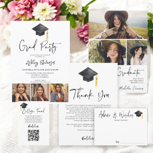 Elegant Graduation Photos and Cap Illustration Thank You Card