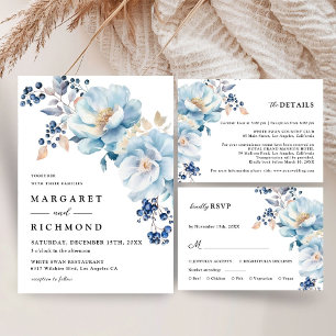 Dusty Blue Floral Berry Winter Wedding RSVP Cards