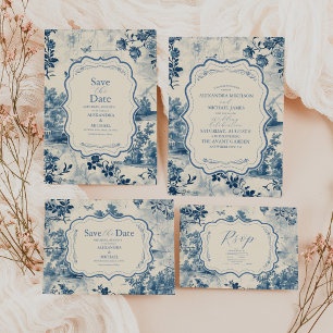 Victorian Dusty Blue French Toile Wedding All In One Invitation