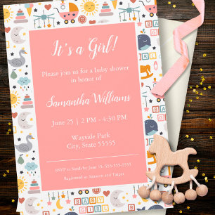 Cute Baby Girl Pink Pattern Baby Shower Gold