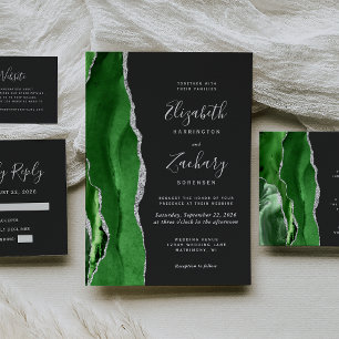 Budget Green Silver Agate Dark Wedding QR Code Enclosure Card