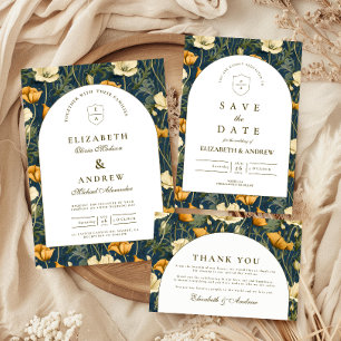 Navy Blue Floral Arch Elegant Wedding Invitation