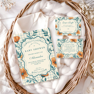 Gingham Peach Floral Baby Shower Invitation