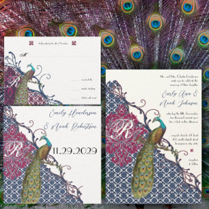 Cassis Purple Neo Lemon Peacock  Peony Birdcage Invitation