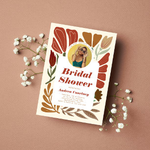 Modern Boho Terracotta Floral Retro Wedding All In One Invitation