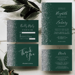 Modern Emerald Green Silver Faux Glitter Wedding Invitation