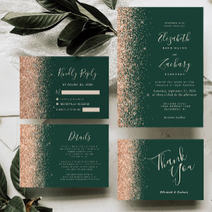 Peach Glitter Emerald Green Wedding Thank You Card