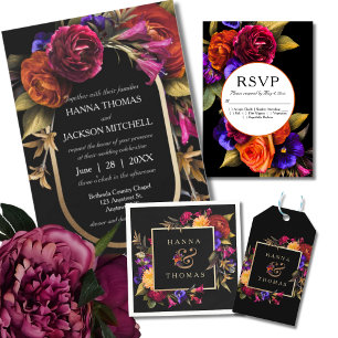 Black Dark Moody Elegant Floral Autumn Wedding Invitation