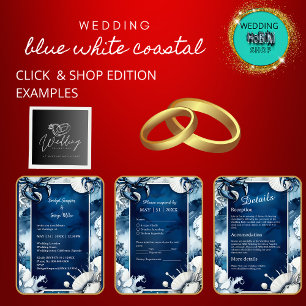 blue & white coastal vibe wedding program & menu