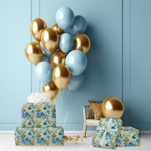 Elegant Dusty Blue Gold Floral Rose Set of 3 Wrapping Paper Sheet