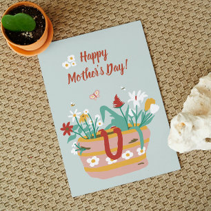 Flower Basket Happy Mothers Day text - blue green Card