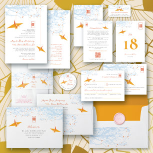 Hanging Orange Origami Cranes & Love Quote Wedding Invitation