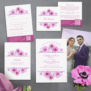 Pink anemone floral watercolor wedding re-request invitation