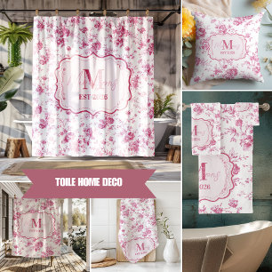 Pink Toile Floral Monogram Shower Curtain