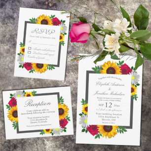 Sunflower Rose Daisy Autumn Floral Wedding Invitation