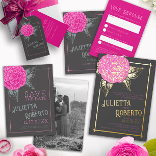 Inked camellia wedding pink grey brown save the date