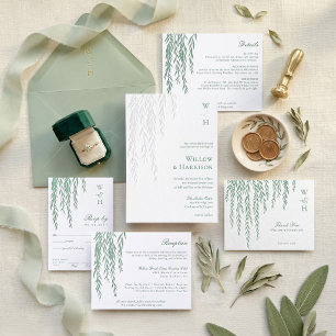 Modern Rustic Willow Tree Foliage Bohemian Wedding Invitation Belly Band