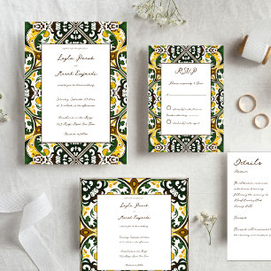Green yellow vintage Talavera tile wedding Invitation