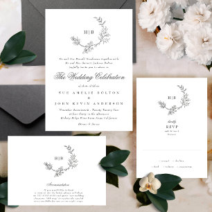 Botanical Wreath Sketched Antique Monogram Wedding Invitation