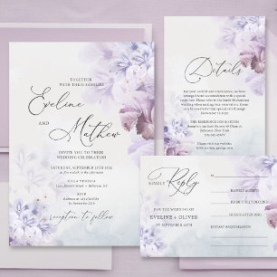 Dusty purple paste blue brown ivory floral wedding invitation