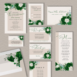 Green and Ivory Floral Roses Quinceanera and Mass Invitation