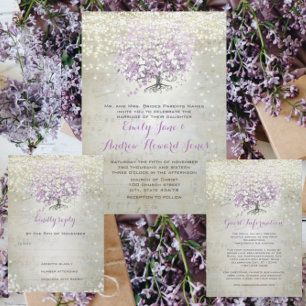 Heart Leaf Purple Tree Vintage Bird Wedding Invite