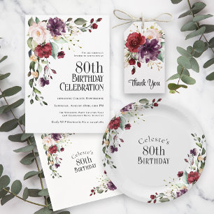 Boho Red Blush and Purple 80th Birthday Party Invitation