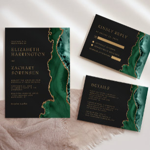 Emerald Green Gold Agate Dark Wedding RSVP Card