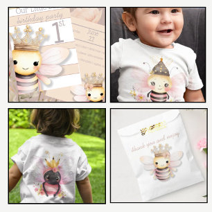 Cute Bumble Bee with Crown   Blush Pink   Ivory  Invitation