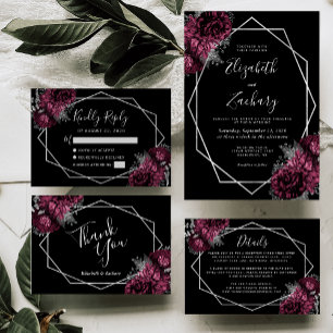 Burgundy Floral Silver Frame Black Wedding Invitation