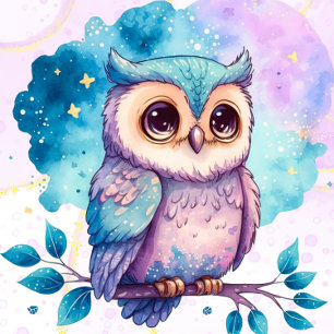 Cute Owl Watercolor Splash Girl Baby Shower Invitation