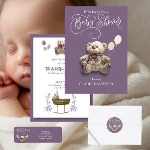 Cute Baby Bear with Balloons Purple White 