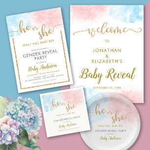 Pink & Blue Watercolor Gold Glitter Gender Reveal Napkin