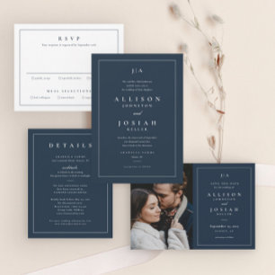 Budget Navy Blue Photo Wedding Invitation