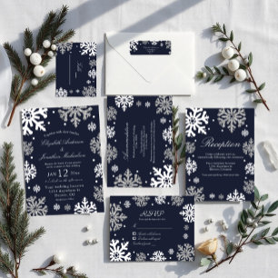 Navy Blue Snowflakes Winter Wedding Invitation