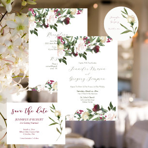 Wedding Watercolor White Roses with Cranberry Invitation