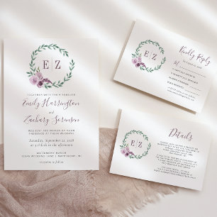 Monogram Watercolor Purple Floral Wreath Wedding Invitation
