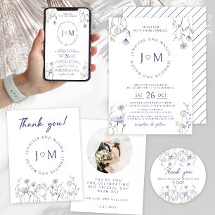 Dusty blue tiny wildflower wedding invitation