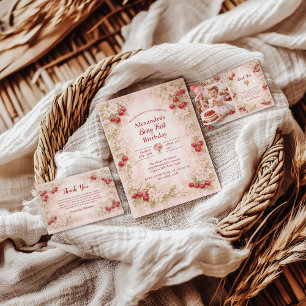 Sweet Cherry Floral First Birthday 1st Birthday Invitation